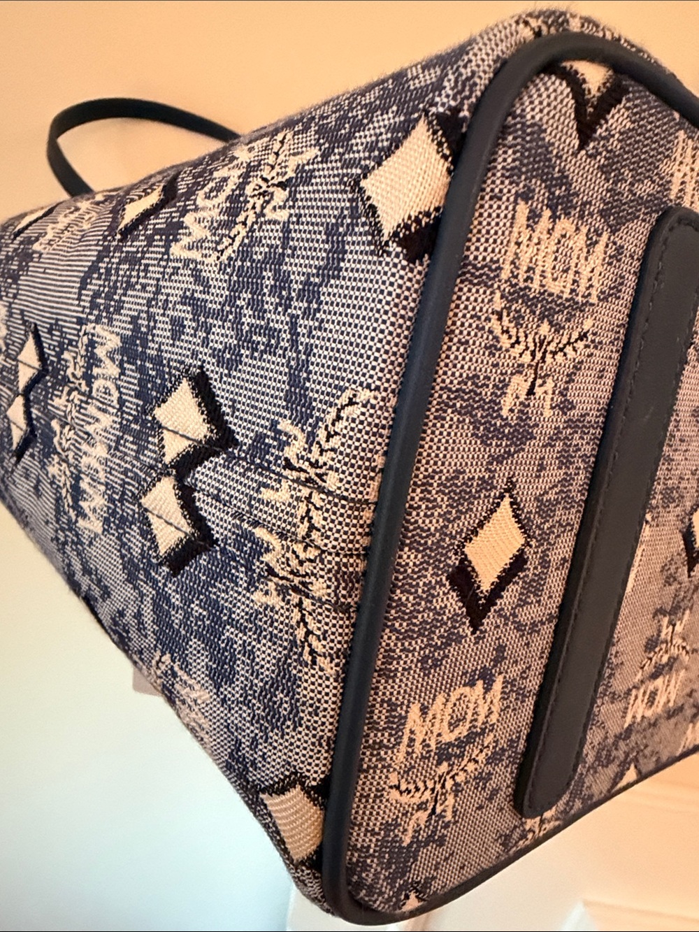 MCM Aren Light Blue Logo Monogram Tote with Blue Trim NWT - Picture 6 of 9
